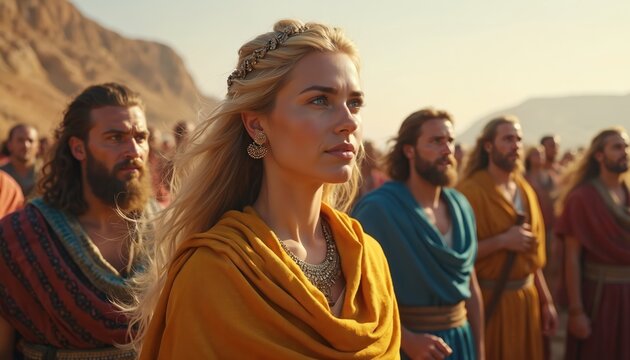 Biblical illustration shows Deborah leading Israelites in desert. Woman prophet and judge looks forward with determined expression. Men follow her in ancient attire.