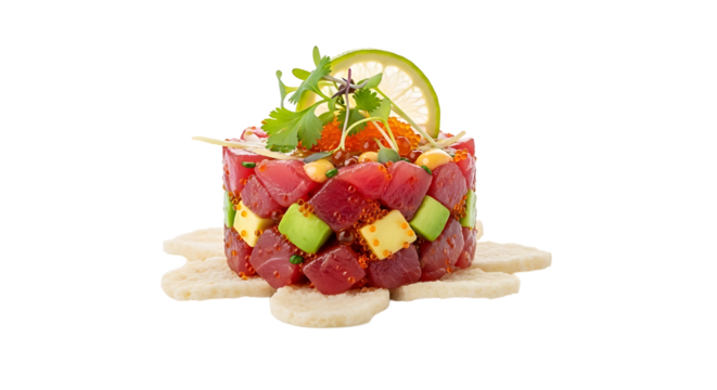 Delicious tuna tartare, a culinary masterpiece with fresh tuna, avocado, and a zesty citrus garnish