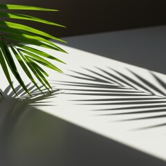 Fototapeta premium Bright sunlight casting sharp, detailed shadows of tropical leaves onto a smooth, clean white table surface ,hard, calm, sunlight