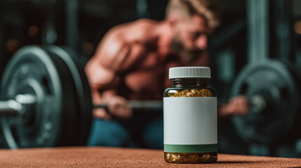 Fitness supplement jar with a blurred weightlifter in background represents strength and wellness. This image embodies holistic health and active lifestyle, perfect for online content.