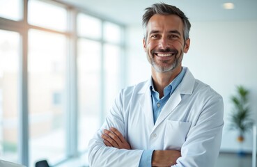 Smiling male doctor stands confidently in modern office. Wears white coat, arms crossed. Man looks happy, pro, suggesting expertise in healthcare research. Image conveys trust, competence.