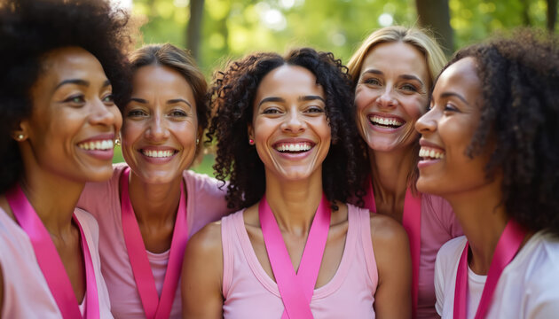 Diverse group of smiling women wear pink ribbons for breast cancer awareness. Happy multiracial friends stand together outdoors in park. Show solidarity hope, strength during charity event.