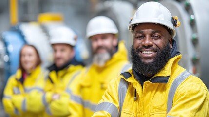 A diverse team of industrial professionals smiles confidently, wearing protective gear in a factory setting. Their teamwork and safety reflect a commitment to high standards.