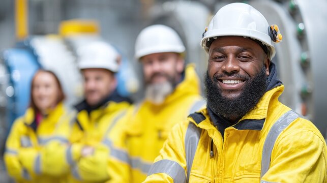 A diverse team of industrial professionals smiles confidently, wearing protective gear in a factory setting. Their teamwork and safety reflect a commitment to high standards.