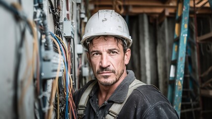 Portrait of a focused electrician in his work environment, displaying his expertise. Wires line the wall alongside him, symbolizing his daily tasks & responsibilities.