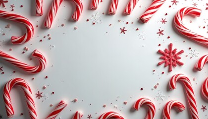 Red and white candy canes arranged on white background with snowflakes and confetti. Empty space perfect for holiday greetings cards invitations or seasonal designs.