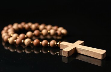 Wooden Christian cross rests with prayer rosary beads on reflective black surface. Close up shot of religious item, symbolizing faith hope and spirituality.