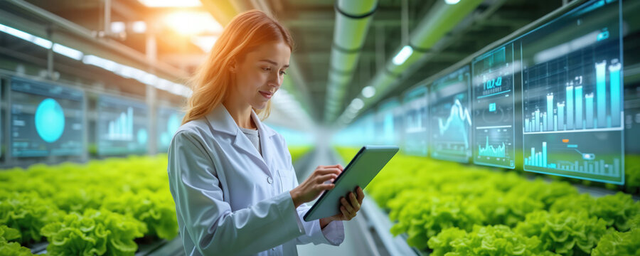 Female technician analyzes crop growth data on tablet. Modern farm uses digital tech for smart agriculture. Plants grow in indoor vertical farm under lights, data visualized on screens. - Powered by Adobe