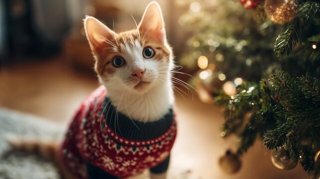 Cute ginger cat in red Christmas sweater sits beside decorated holiday tree with glowing lights.