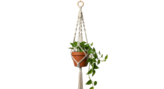 A stylish, cream-colored macrame plant holder suspends a terracotta pot with a trailing green plant on a black background.