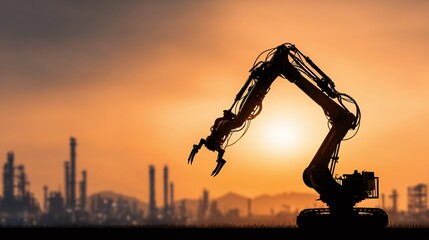 Silhouette of a robotic arm against a vibrant sunset sky, symbolizing technological advancement, industrial automation, and the future of construction and manufacturing processes.