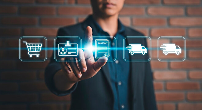 Man interacting with the digital screen and online shopping for concept of E-commerce.