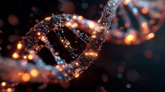 Dynamic glowing DNA helix structure with vibrant bokeh lights, symbolizing scientific discovery, genetics, and medical research breakthroughs