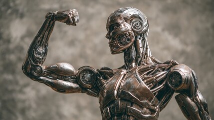 A metallic cyborg flexing its bicep, showcasing detailed mechanics and robust design. The neutral backdrop accentuates the cyborg's form, highlighting the fusion of tech and strength.