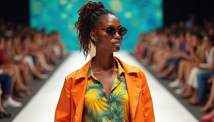 Black woman models bright outfit on fashion runway show. Diverse audience watches catwalk. Trendy style celebrated. Fashion week event happens.