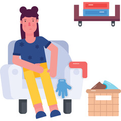 Young Woman Sitting On Armchair With Yellow Pants And Blue Shirt Next To Laundry Basket And Shelf With Drawers On Transparent Background