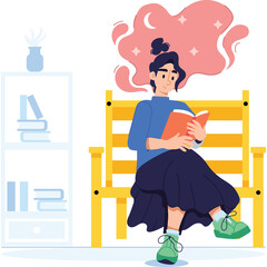 Young Woman Sitting on Yellow Park Bench Reading a Book Surrounded by Pink Swirling Light and Stars on a White Transparent Background