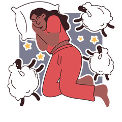 Young Woman Sleeping Soundly Peaceful Night with Sheep Jumping Over Fence Under Starry Sky in Pajamas