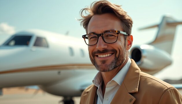 Smiling man with glasses and beige jacket stands confidently. Private jet airplane behind him. Outdoor sunny day. Travel elegance and success.