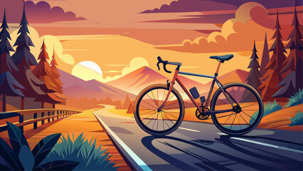 Fototapeta premium Very beautiful road bike parked on a scenic road at sunset, featuring warm golden light, long soft shadows, and a realistic peaceful landscape with ample copy space in the background.