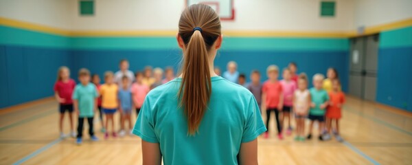 Female teacher stands in gym facing group of children. Kids listen attentively to instructor during sports lesson. Young students ready for activity and fun.