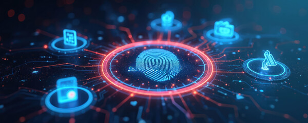 Central glowing fingerprint connects to digital icons representing security, data, and user profiles. Futuristic network interface illustrates biometric access and cyber defense.