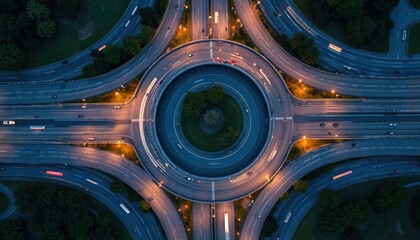 Aerial view of a complex highway interchange at night. Cars move along illuminated roads forming a circular pattern. This urban infrastructure connects different city districts and enables transport.