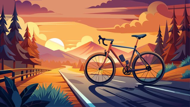 Very beautiful road bike parked on a scenic road at sunset, featuring warm golden light, long soft shadows, and a realistic peaceful landscape with ample copy space in the background.