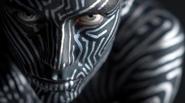 A person with intense eyes is covered in intricate black and white geometric patterns, resembling a circuit board. Their gaze is direct, and the patterns cover face and upper body