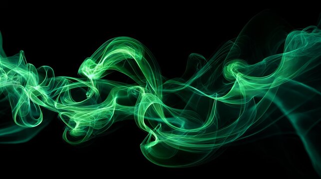 Mesmerizing emerald green smoke elegantly swirls and dances against a deep black background, creating a dynamic and abstract visual experience.