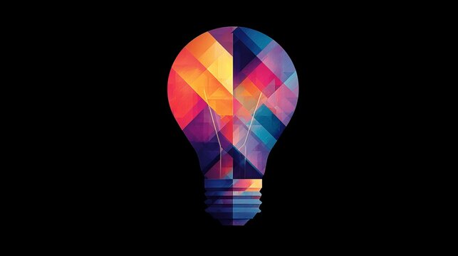 Vibrant geometric light bulb bursting with colorful abstract ideas, symbolizing innovation, creativity, and brilliant solutions on a dark background - Powered by Adobe