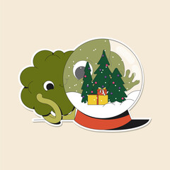 Cute winter illustration of green broccoli looking through the glass snow ball. Decorated Christmas trees, presents and snow inside it. Holiday sticker pack.