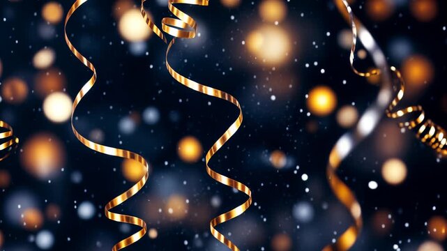 A festive New Year's celebration with falling gold confetti and snow. A magical holiday party background with bokeh lights.  4K animation. 