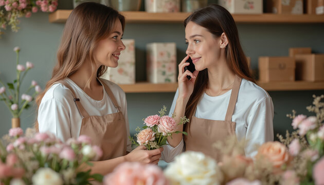 Two young women florists work in flower shop. One holds small bouquet of pink flowers, smiles at colleague, presenting work. Talks on mobile phone, listens to coworker. Discuss floral order, - Powered by Adobe