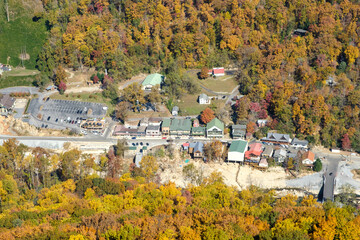 Chimney Rock, North Carolina - November 6, 2025: Aerial view of Chimney Rock Village following Hurricane Helene