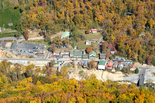 Chimney Rock, North Carolina - November 6, 2025: Aerial view of Chimney Rock Village following Hurricane Helene