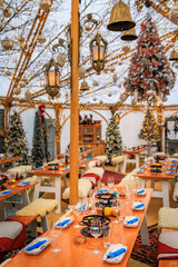 Rustic winter wonderland, festive decor at a restaurant in Zurich, Switzerland