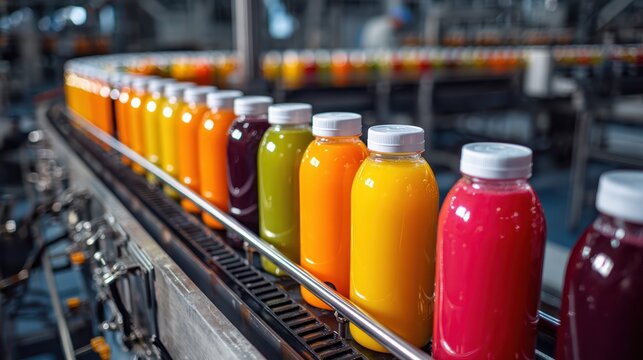 Colorful plastic bottles filled with assorted fruit juices on a conveyor belt in a factory setting, each with a white cap. The scene captures a vibrant, industrial production line