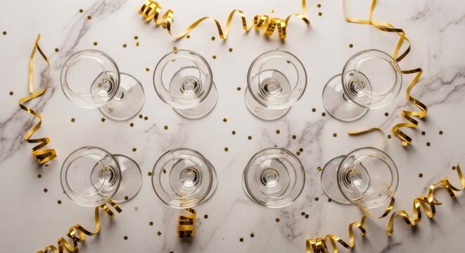 Empty champagne glasses with gold ribbons on marble background