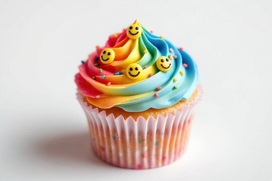 A single cupcake with vibrant rainbow frosting and happy smiley face decorations. Colorful dessert for a birthday party or celebration concept. - Powered by Adobe