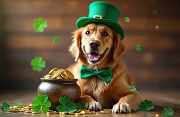 Golden retriever dog wears leprechaun hat and green bow tie near pot of gold coins. Lucky shamrocks float around cute pet ready for St Patricks Day celebration.