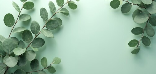 Green eucalyptus branches with round leaves on a soft mint background, suggesting natural beauty and freshness. Ideal for organic product promotions or elegant event invitations.