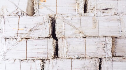 Stacks of compressed recycled paper bales in storage facility