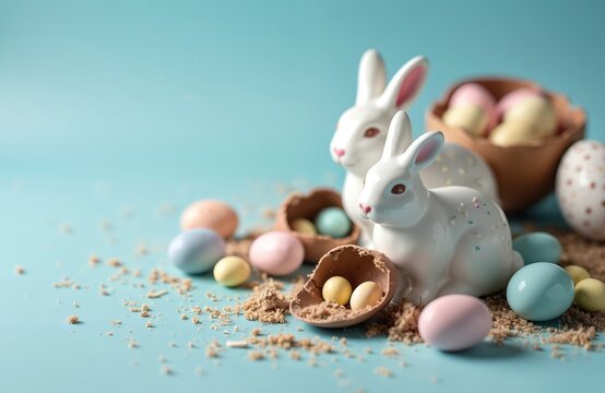 Two white ceramic bunnies sit with pastel colored chocolate eggs and shells on a light blue background. Small candy eggs spill from broken chocolate shells.