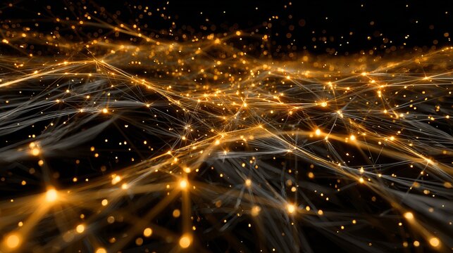 Dynamic interconnected network of glowing nodes and lines, representing data flow and digital connections in a futuristic abstract space