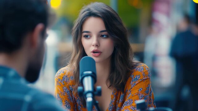 A woman singing a song into a microphone, likely in a recording studio setting.