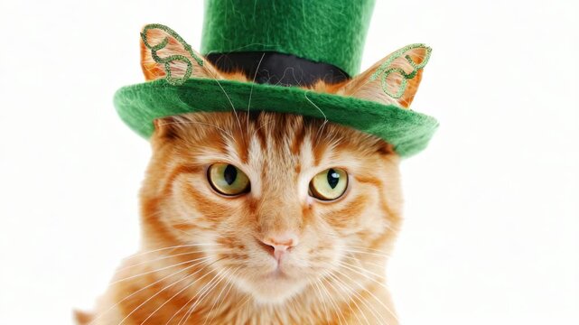 A cat wearing a St Patrick's Day hat for festive fun.