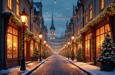 Fototapeta premium Beautiful snow covered street looks illuminated at winter night. Historic town buildings decorated with bright festive Christmas lights. Many Christmas trees line sidewalks, old street lamps glow.