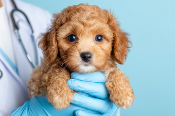 Veterinarian in uniform holding small puppy
