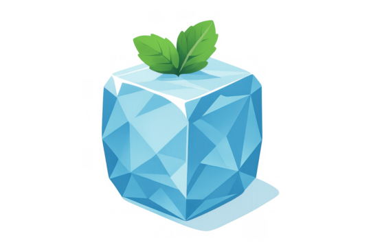 Refreshing frozen ice cube with mint leaf in low poly style for summer drinks, isolated on transparent background